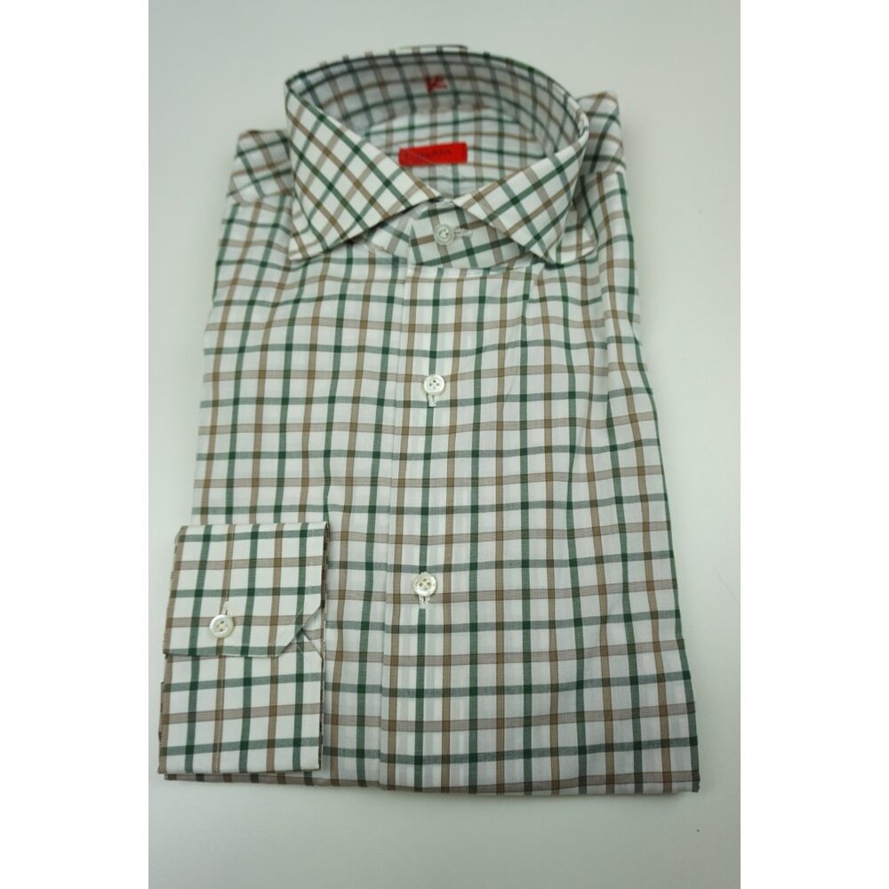 Isaia Cinnamon Dark Green White Plaid Long Sleeve Cotton Dress Shirt 15.5/39 NEW